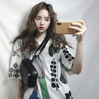 Elbow-sleeve Printed Slit T-shirt As Shown In Figure - One Size
