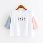 Embroidered Color Block Short-sleeve Cropped T-shirt