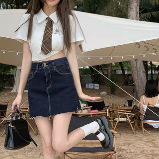 Denim Mini Pencil Skirt / Short-sleeve Bear Embroidered Collared T-shirt