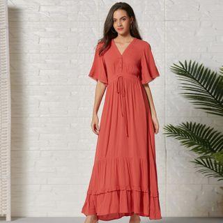 Short-sleeve Bobble Trim Midi A-line Dress
