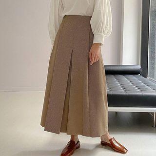 Pleated Plaid A-line Maxi Skirt
