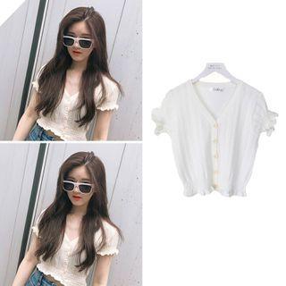 Ruffle Trim Short-sleeve Pointelle Knit Top