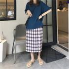 Cutout Loose-fit Short-sleeve T-shirt / Plaid Midi Skirt