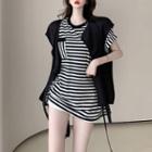 Loose-fit Striped T-shirt / Asymmetrical Sheer Vest
