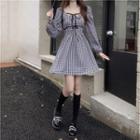 Puff-sleeve Gingham A-line Dress Black & White - One Size