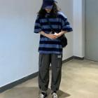 Elbow-sleeve Striped T-shirt / Side Pocketed Cargo Pants