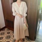 Long-sleeve V-neck Plain Dress Almond - One Size