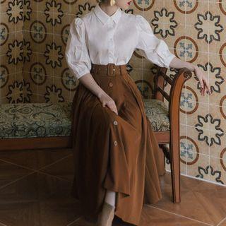Set: Elbow-sleeve Blouse + Belted High-waist Midi A-line Skirt