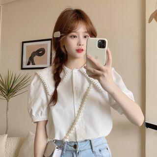 Puff-sleeve Collared Faux Pearl Blouse White - One Size