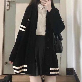 Striped Cardigan / Pleated Mini A-line Skirt