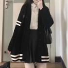 Striped Cardigan / Pleated Mini A-line Skirt