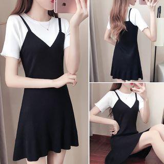 Mock Two-piece Short-sleeve Two Tone Dress