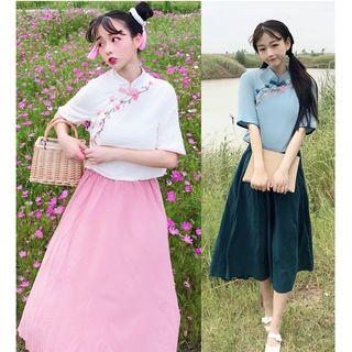 Short-sleeve Embroidered Mandarin Collar Top / A-line Midi Skirt