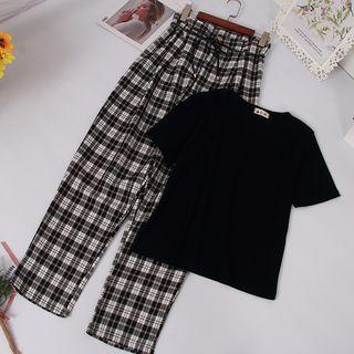 Set: Crew-neck Short-sleeve T-shirt + Plaid Drawstring Pants As Shown In Figure - One Size