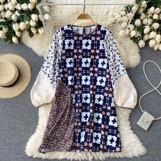 Color Panel Print Puff-sleeve Dress Blue - One Size