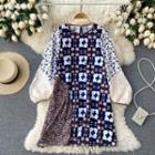 Color Panel Print Puff-sleeve Dress Blue - One Size