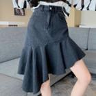 High-waist Ruffled Trim A-line Denim Skirt