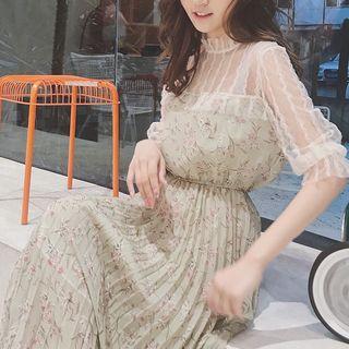 Elbow-sleeve Floral Print Pleated Midi Dress