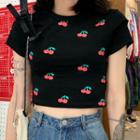 Short-sleeve Flower Print Cropped T-shirt Black - One Size