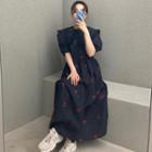 Short-sleeve Cherry Print Frill Trim Midi A-line Dress Black - One Size