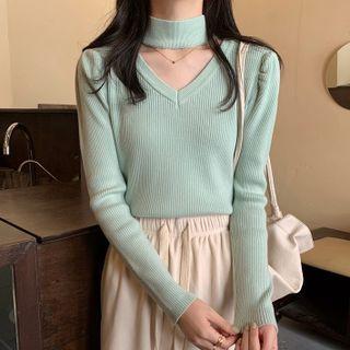 Long-sleeve V-neck Cutout Plain Sweater