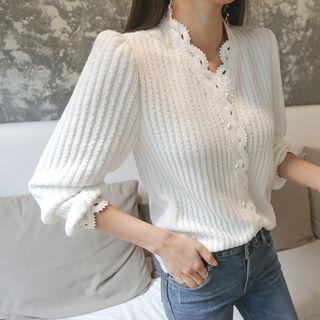 V-neck Lace-trim Rib-knit Cardigan