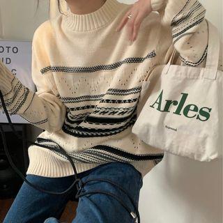 Mock-neck Printed Striped Oversize Sweater