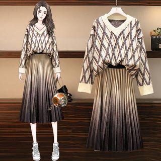 Set: V-neck Patterned Sweater + Midi Accordion Pleat Skirt