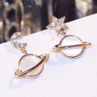 Non-matching Rhinestone Moon & Star Planet Dangle Earring 1 Pair - Gold - One Size