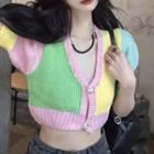 Puff-sleeve Color Block Cropped Cardigan Pink & Green & Yellow - One Size