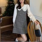 Mock Two-piece Long-sleeve Lace Collar Check Mini A-line Dress