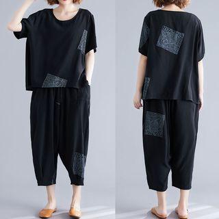 Set: Short-sleeve Top + Harem Pants Black - One Size