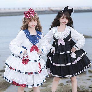 Long-sleeve Collar Bow Accent A-line Dress