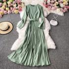 Round-neck Long-sleeve Pleated Dress With Belt