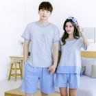 Couple Matching Loungewear Set: Piped Short Sleeve Printed T-shirt + Striped Shorts