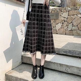 High-waist Frayed Plaid Knit Skirt Black - One Size