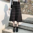 High-waist Frayed Plaid Knit Skirt Black - One Size