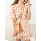 Wrap-front Frill-hem Floral Minidress