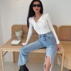 Round-neck Plain Striped Button-up Knit Top
