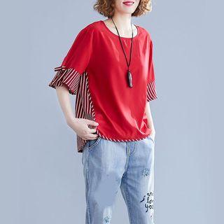 Striped Plain Panel Short-sleeve T Shirt Red - L
