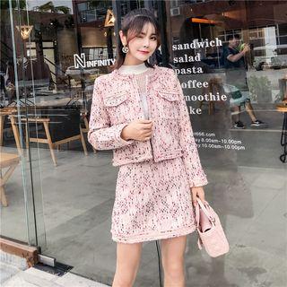 Set: Print Buttoned Tweed Jacket + Mini A-line Skirt