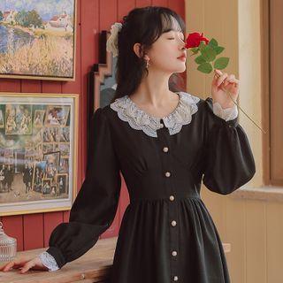 Puff-sleeve Lace Collar Midi A-line Dress