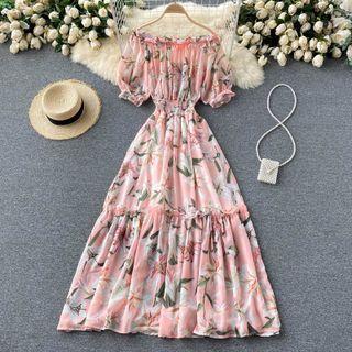 Off-shoulder Print Puff-sleeve Chiffon Dress