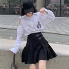 Off-shoulder Lettering Printed Shirt / High-waist Pleated Mini Skirt