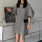 Puff-sleeve Striped Mini A-line Dress Stripe - Black & White - One Size