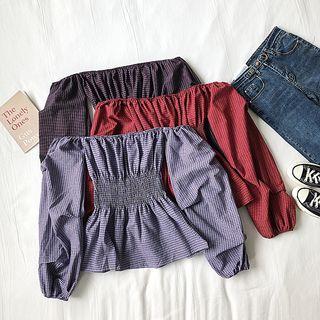 Plaid Off-shoulder Gather-waist Puff-sleeve Blouse