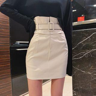 High-waist Faux-leather Mini Skirt With Belt