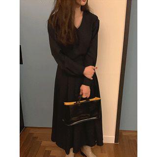 V-neck Pleated-hem Long Dress
