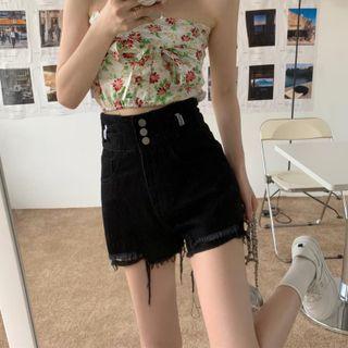 Plain High-waist Straight-leg Denim   Shorts
