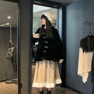 Button-up Jacket / Ruffle Trim Midi A-line Skirt